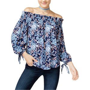 Seven Sisters Off The‎ Shouler Blue Floral Lightweight Shirt blouse